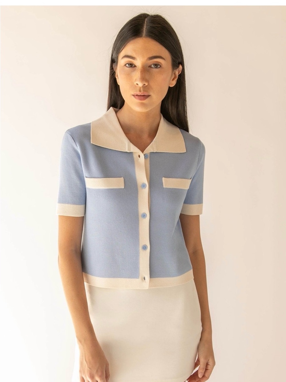 Oak + Fort Blue & Cream Knit Polo Cardigan | Size S